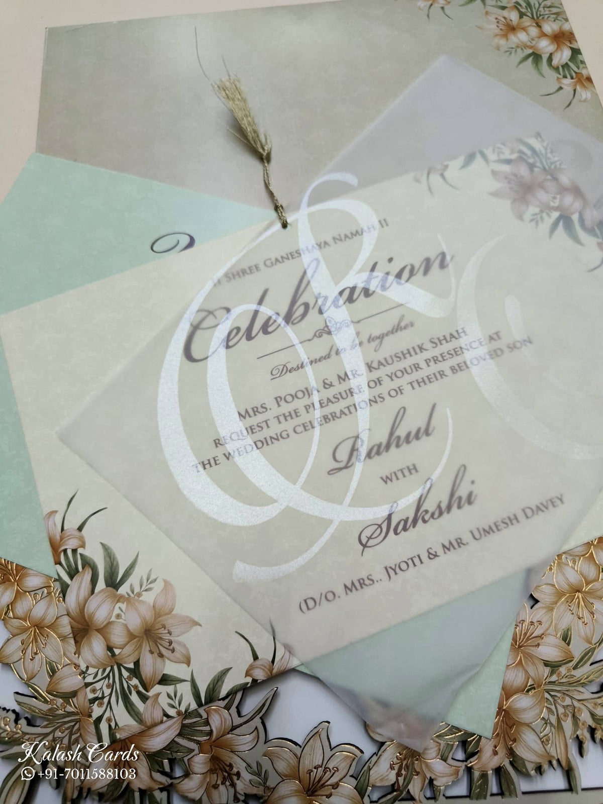 KLB770 Floral Design Grey Color Couple Name Laser Cut Wedding Card (2 Page)
