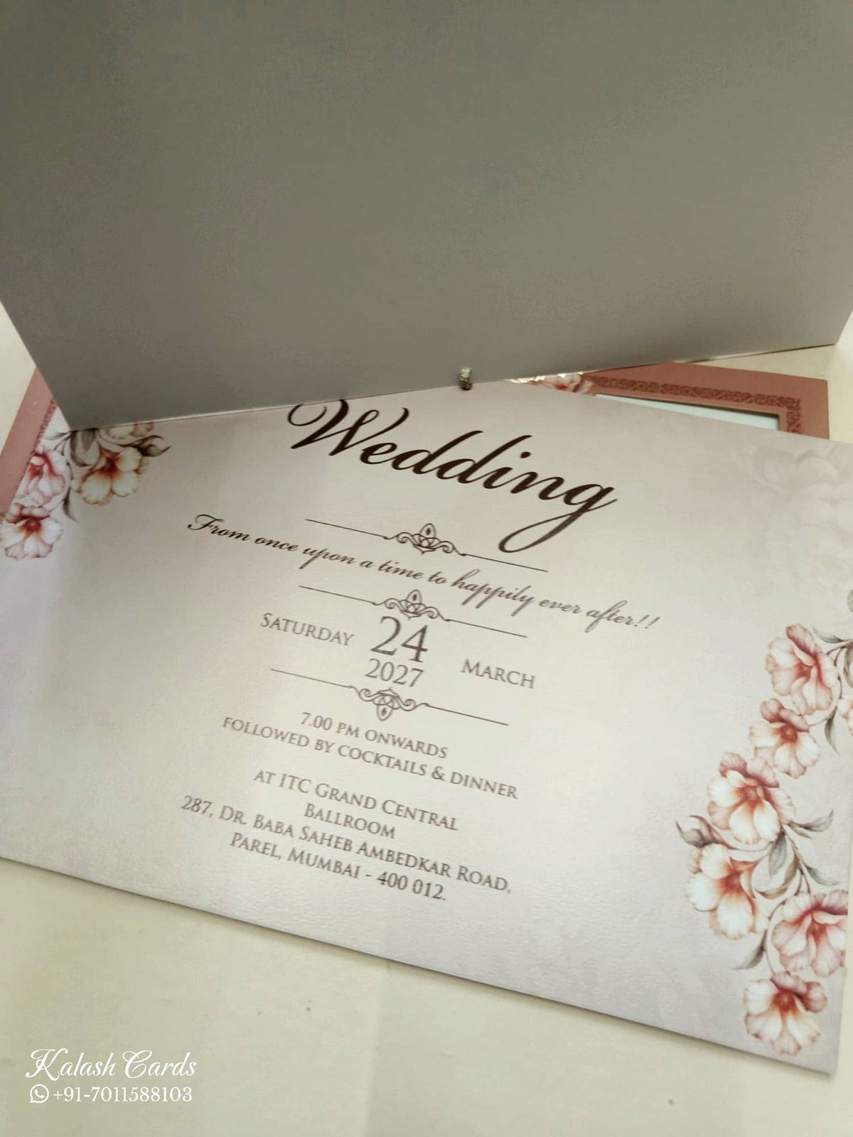 KLB771 Floral Design Pink Color Laser Cut Semi Box Wedding Card (2 Page & Couple Name Acrylic)