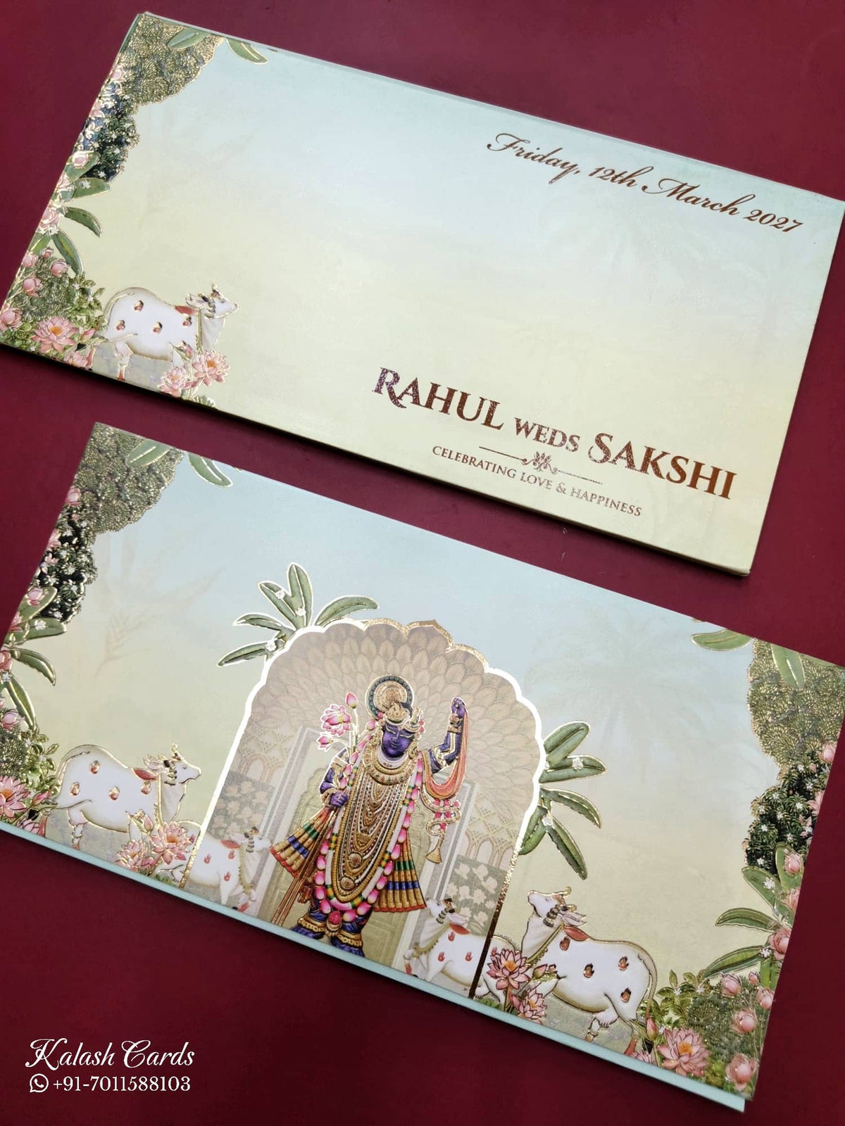 KLB775 Pichwai Krishna Ji Design Blue Color Embossed Semi Box Wedding Card (2 Page)