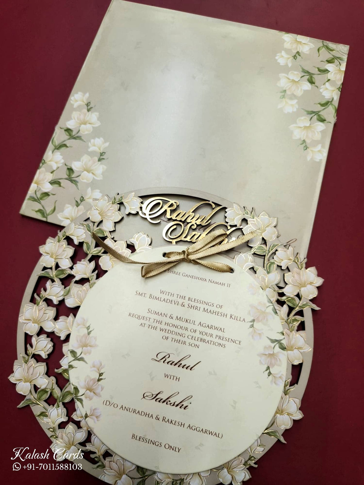 KLB788 Floral Design Creme Color Couple Name Laser Cut MDF Thick Wedding Card (2 Page)