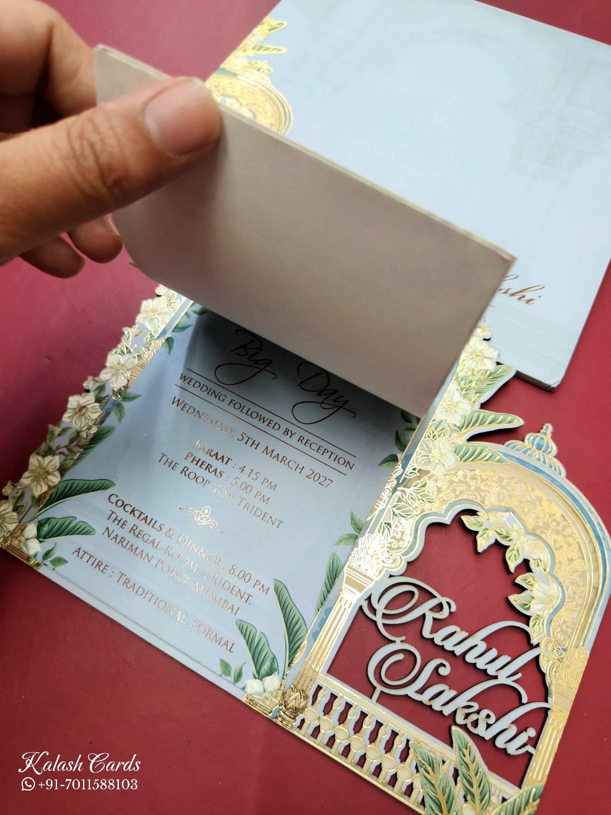 KLB792 Royal Fort Design Blue Color Couple Name Laser Cut MDF Thick Wedding Card (2 Page)