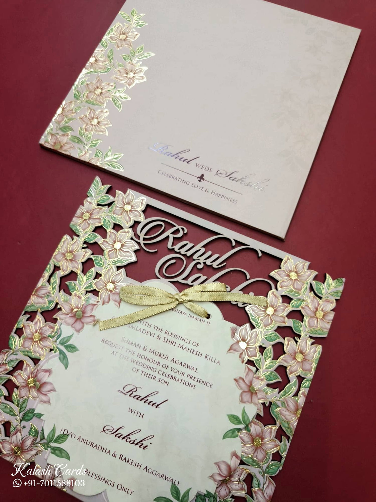 KLB793 Floral Design Pink Color Couple Name Laser Cut MDF Thick Wedding Card (2 Page)