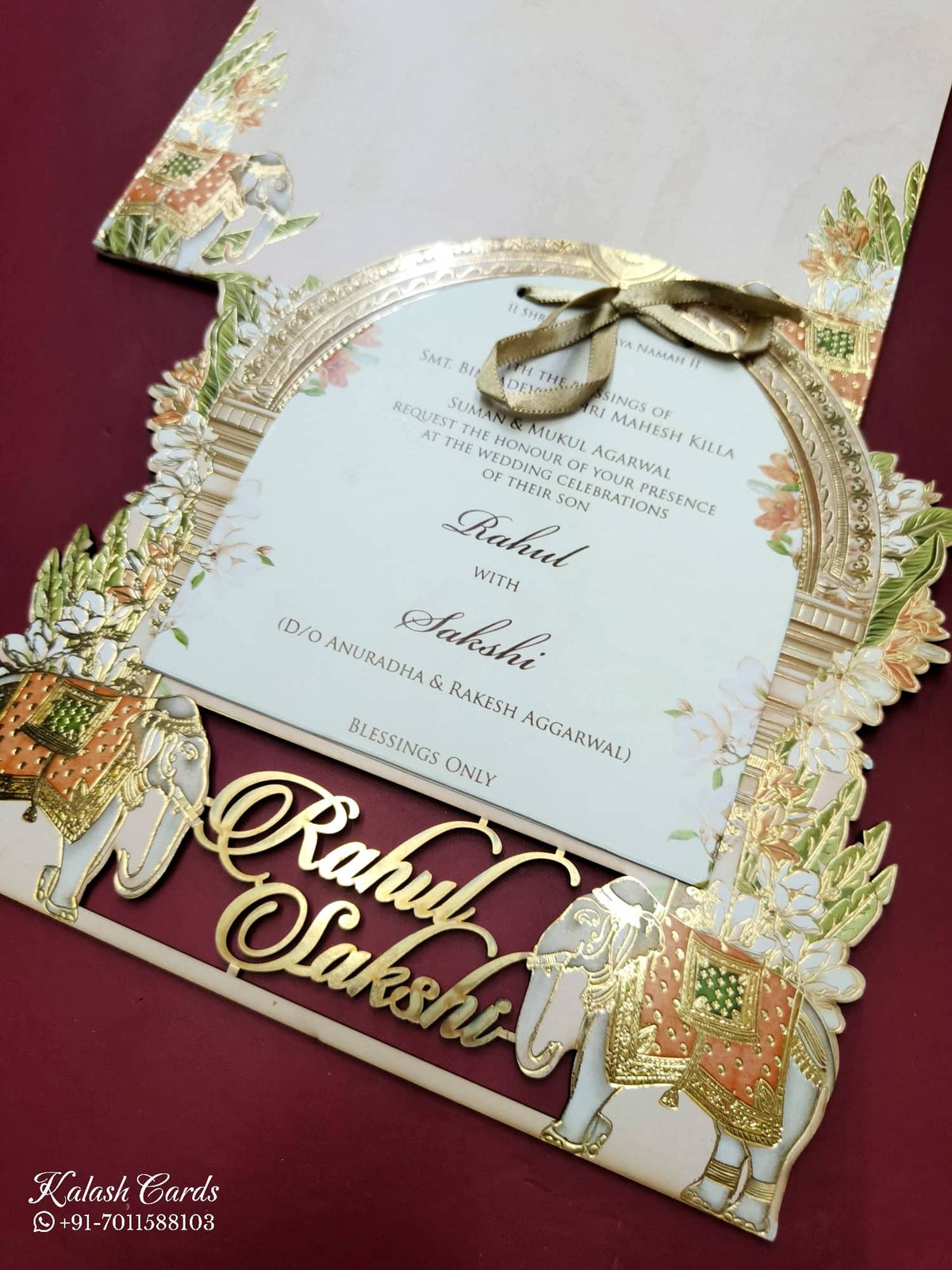 KLB795 Elephant Design Pink Color Couple Name Laser Cut Wedding Card (2 Page)
