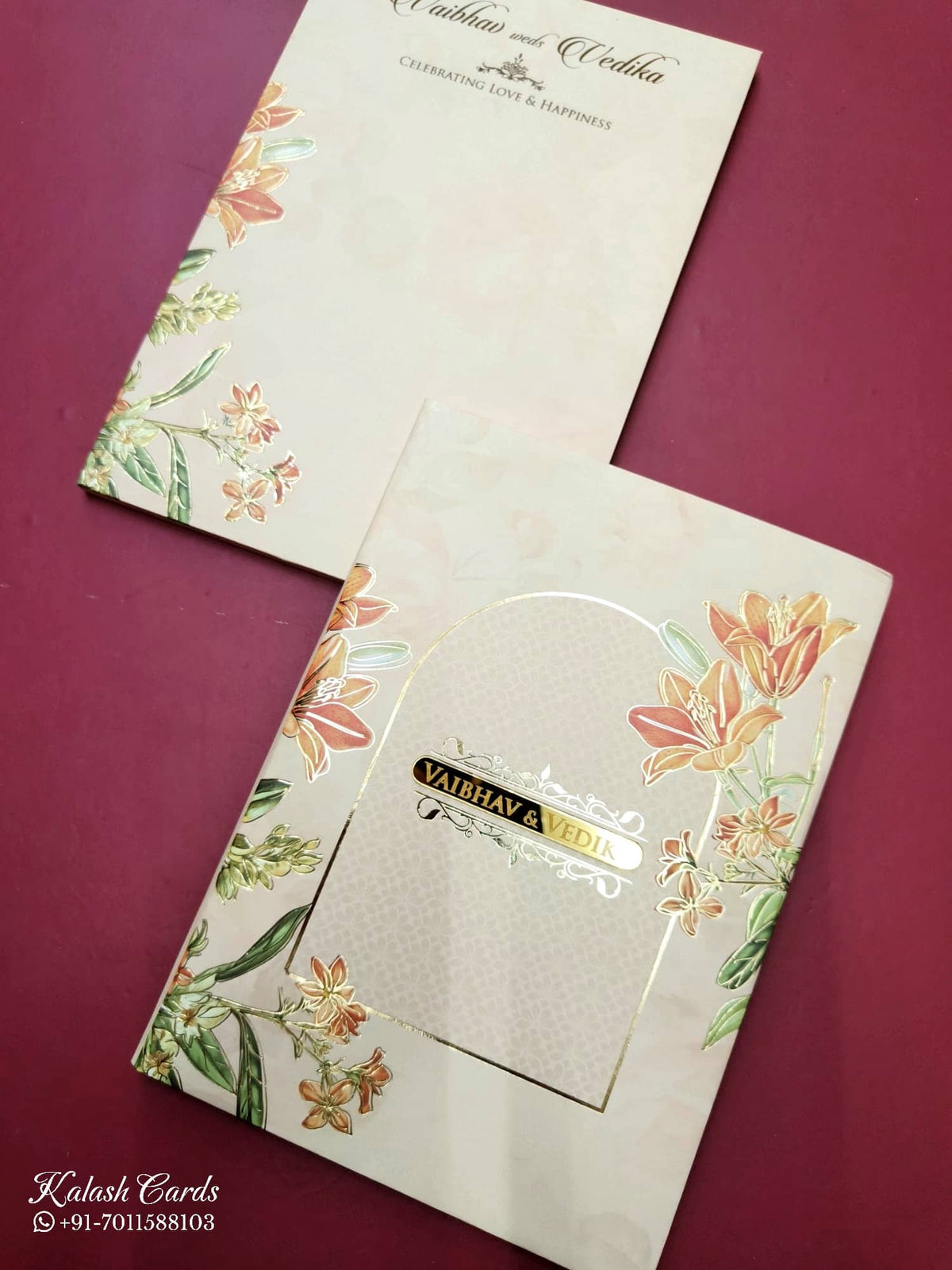 KLB810 Floral Design Creme Color Hardboard Padding Thick Wedding Card (2 Page & Couple Name Acrylic)
