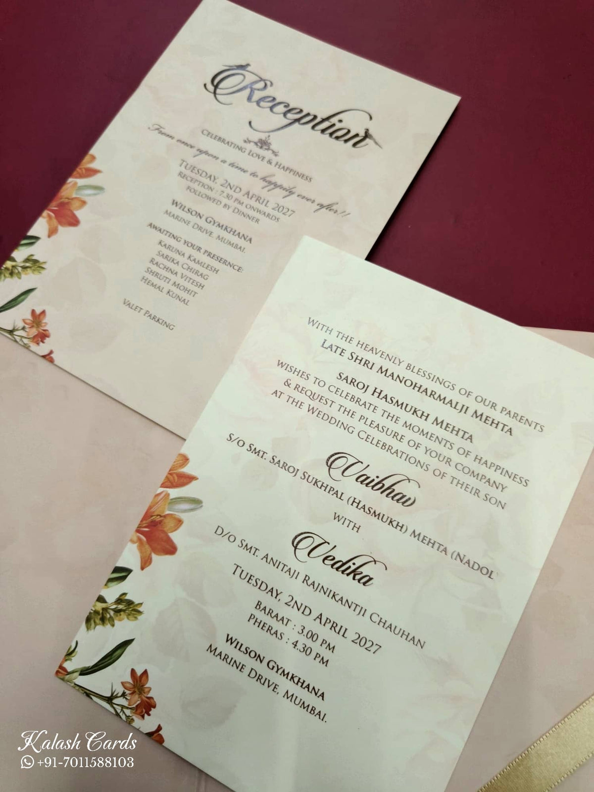 KLB810 Floral Design Creme Color Hardboard Padding Thick Wedding Card (2 Page & Couple Name Acrylic)