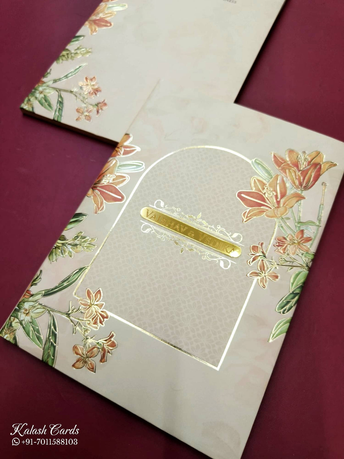 KLB810 Floral Design Creme Color Hardboard Padding Thick Wedding Card (2 Page & Couple Name Acrylic)