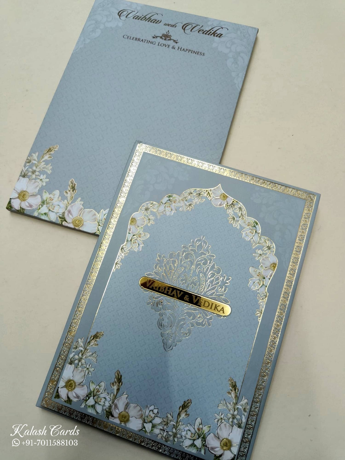 KLB813 Floral Design Blue Color Hardboard Padding Thick Wedding Card (2 Page & Couple Name Acrylic)