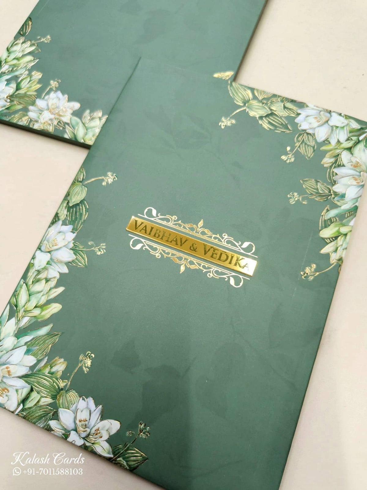 KLB818 Floral Design Green Color Hardboard Padding Thick Wedding Card (2 Page & Couple Name Acrylic)