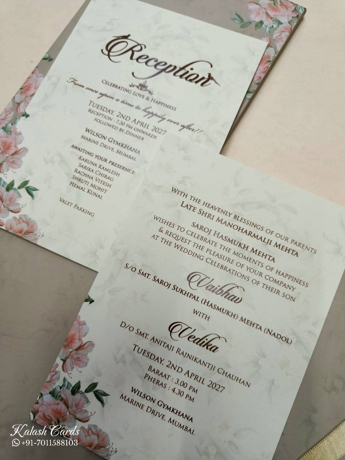 KLB820 Floral Traditional Design Brown Color Hardboard Padding Thick Wedding Card (2 Page & Couple Name Acrylic)