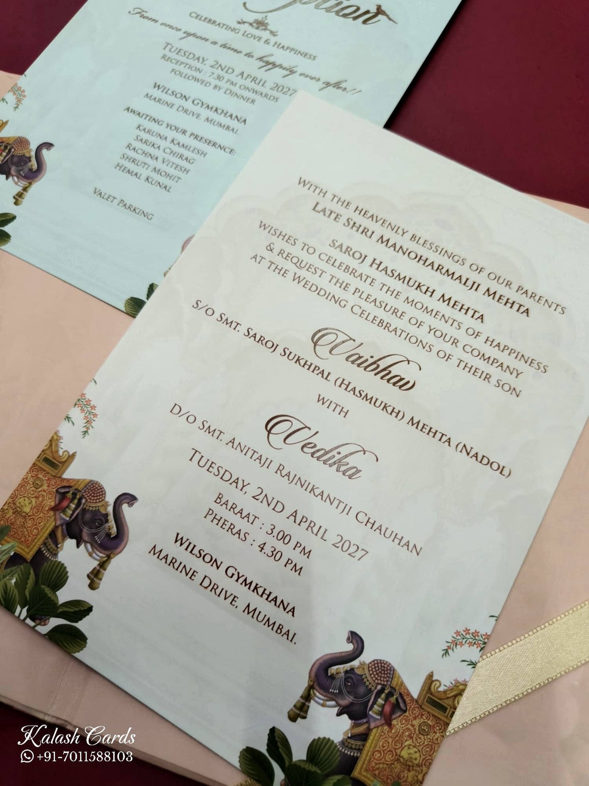 KLB830 Royal Fort Elephant Design Peach Color Hardboard Padding Thick Wedding Card (2 Page & Couple Name Acrylic)