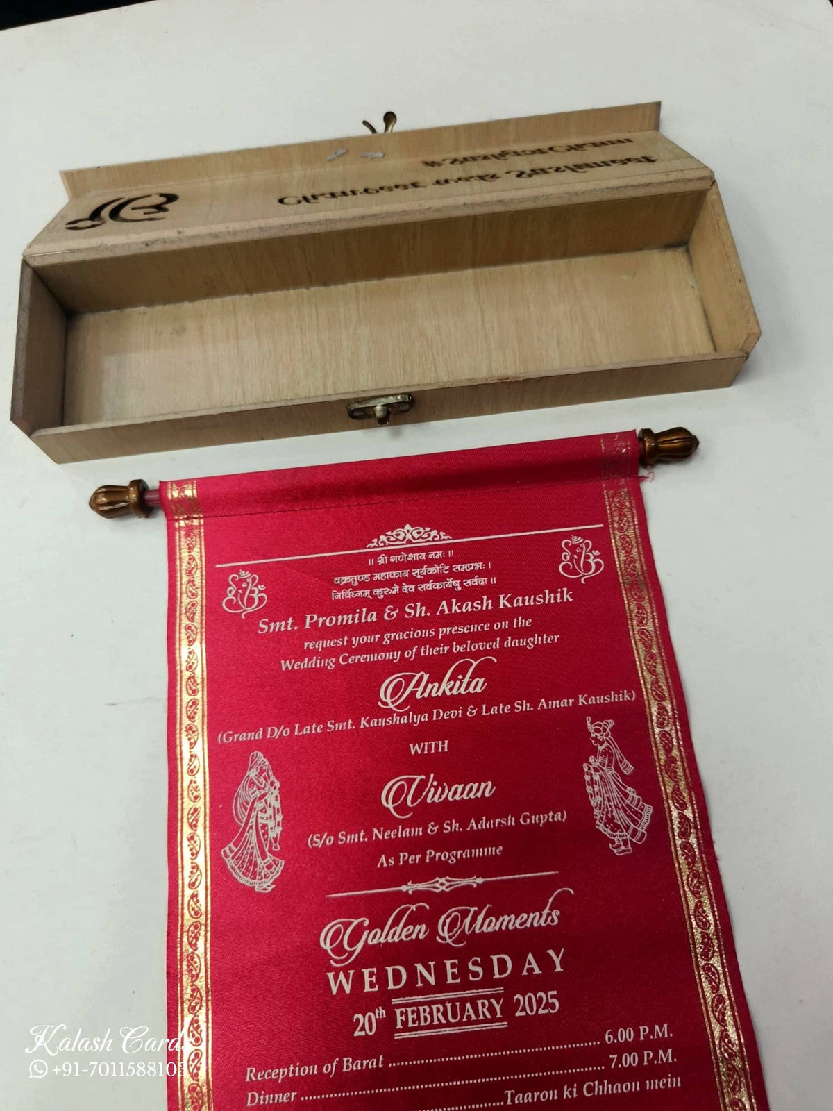 KLB832 Creme Red Color Couple Name Laser Cut Scroll Box Type MDF Thick Wedding Card
