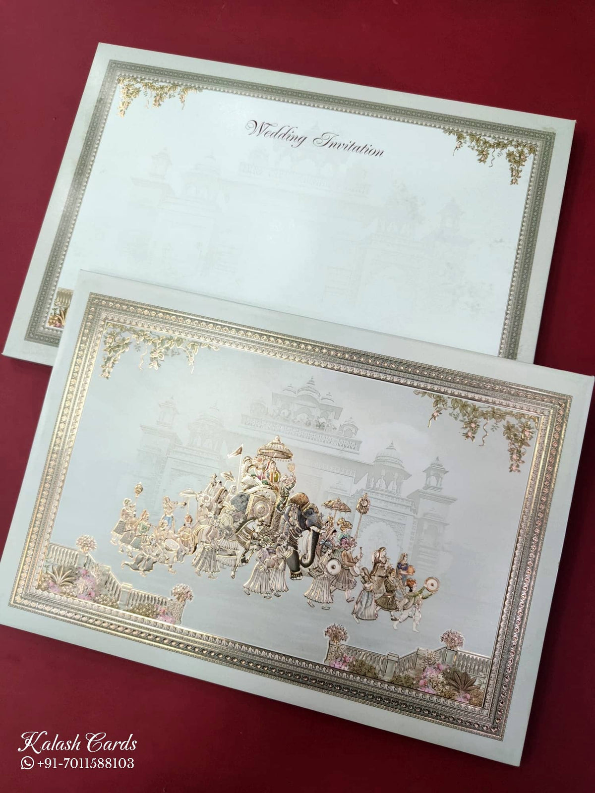 KLB840 Royal Fort Barat Design Green Color Embossed Hardboard Padding Thick Wedding Card (2 Page)