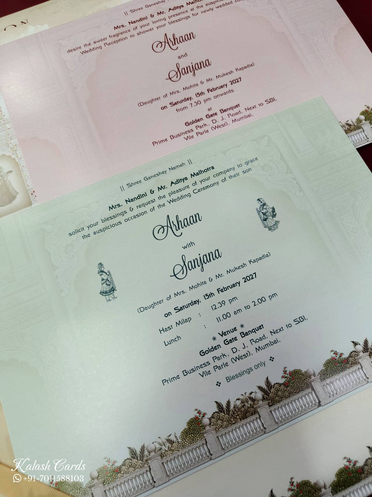 KLB841 Elephant Barat Design Creme Color Embossed Hardboard Padding Thick Wedding Card (2 Page)
