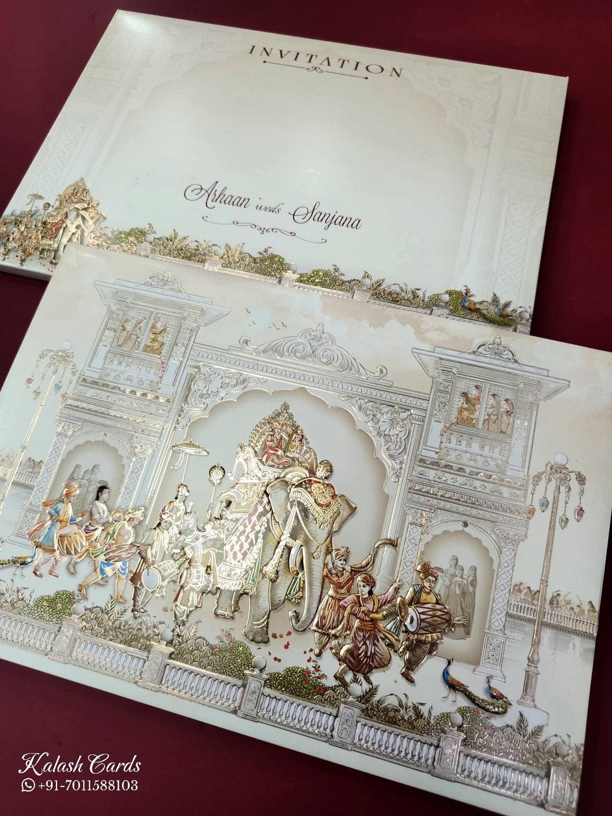 KLB841 Elephant Barat Design Creme Color Embossed Hardboard Padding Thick Wedding Card (2 Page)