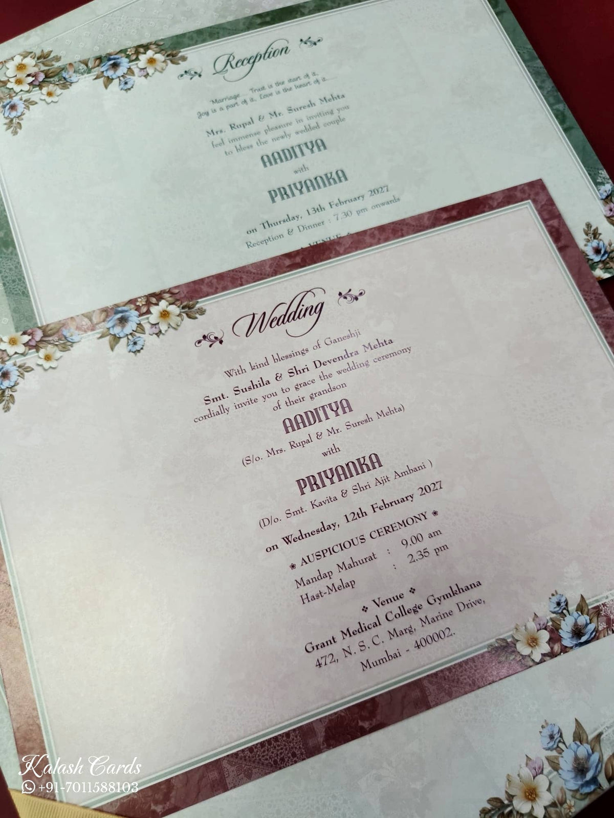 KLB843 Floral Design Green Color Embossed Hardboard Padding Thick Wedding Card (2 Page & Couple Name Acrylic)