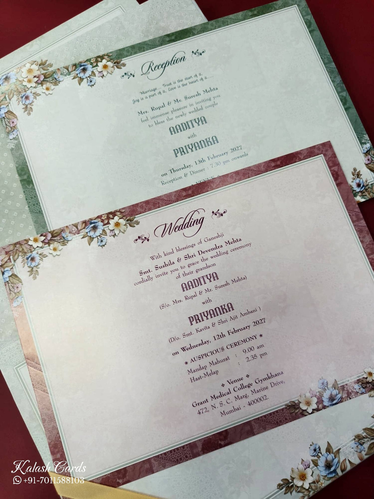 KLB843 Floral Design Green Color Embossed Hardboard Padding Thick Wedding Card (2 Page & Couple Name Acrylic)