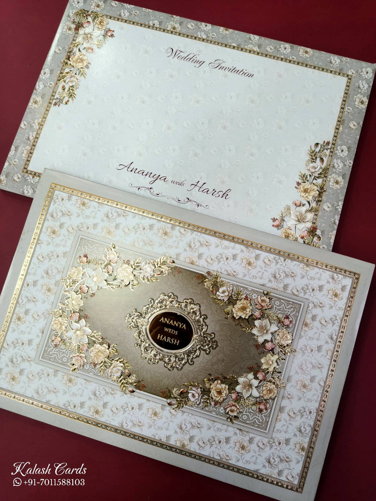 KLB844 Floral Design White Color Embossed Hardboard Padding Thick Wedding Card (2 Page & Couple Name Acrylic)