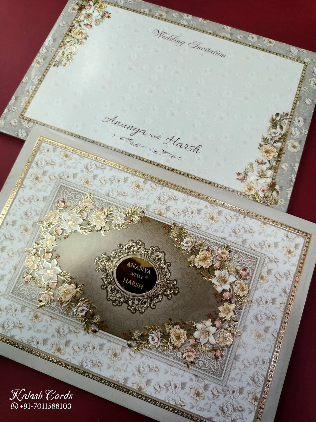 KLB844 Floral Design White Color Embossed Hardboard Padding Thick Wedding Card (2 Page & Couple Name Acrylic)