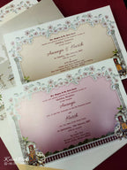 KLB846 Royal Fort Elephant Design Creme Maroon Color Embossed Hardboard Padding Thick Wedding Card (2 Page & Couple Initial Acrylic)