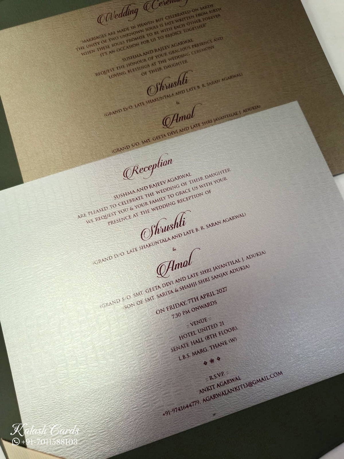 KLB847 Floral Design Green Color Leatherette Hardboard Padding Thick Wedding Card (2 Page & Couple Initial Acrylic)