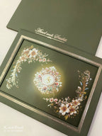 KLB847 Floral Design Green Color Leatherette Hardboard Padding Thick Wedding Card (2 Page & Couple Initial Acrylic)