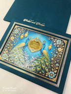 KLB848 Peacock Design Blue Color Leatherette Hardboard Padding Thick Wedding Card (2 Page & Couple Name Acrylic)