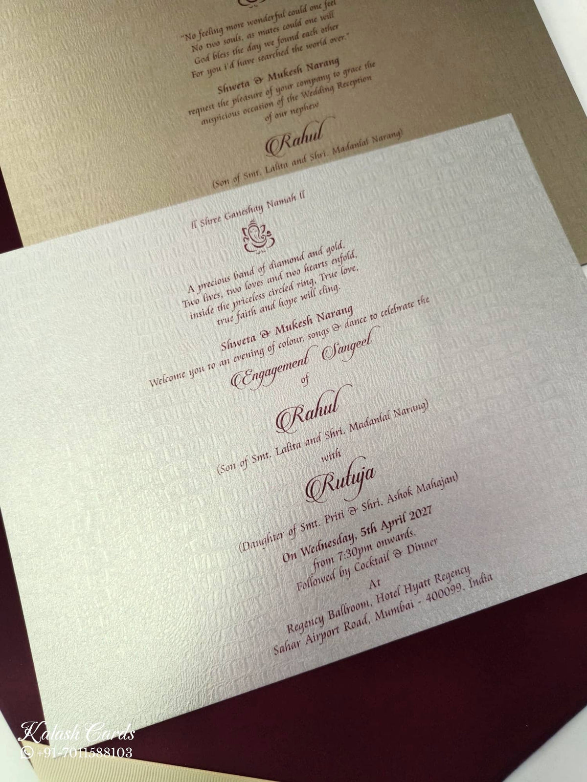 KLB850 Elephant Design Maroon Color Leatherette Hardboard Padding Thick Wedding Card (2 Page & Couple Name Acrylic)