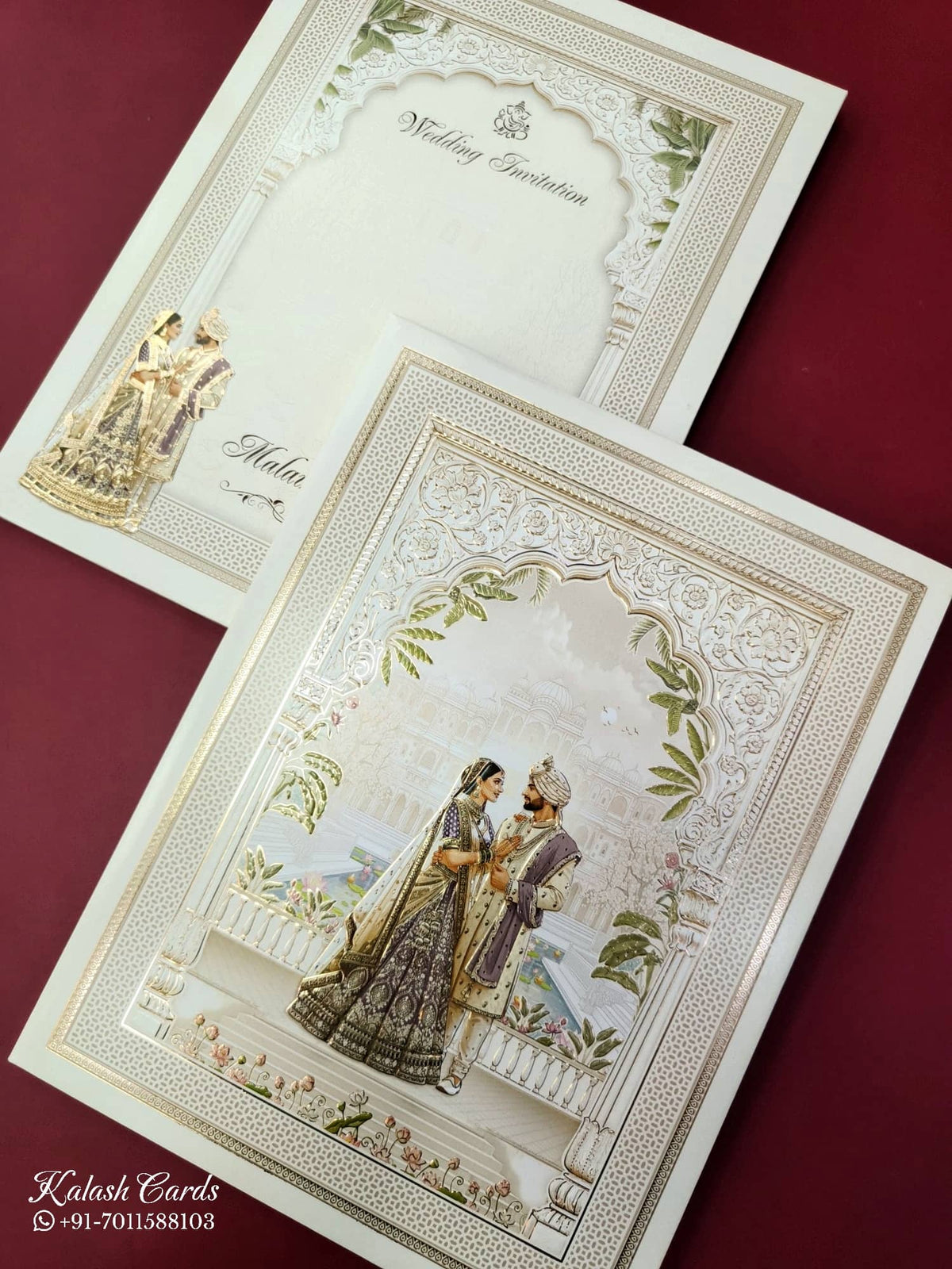 KLB851 Dulha Dulhan Royal Fort Design Creme Color Embossed Hardboard Padding Thick Wedding Card (2 Page)