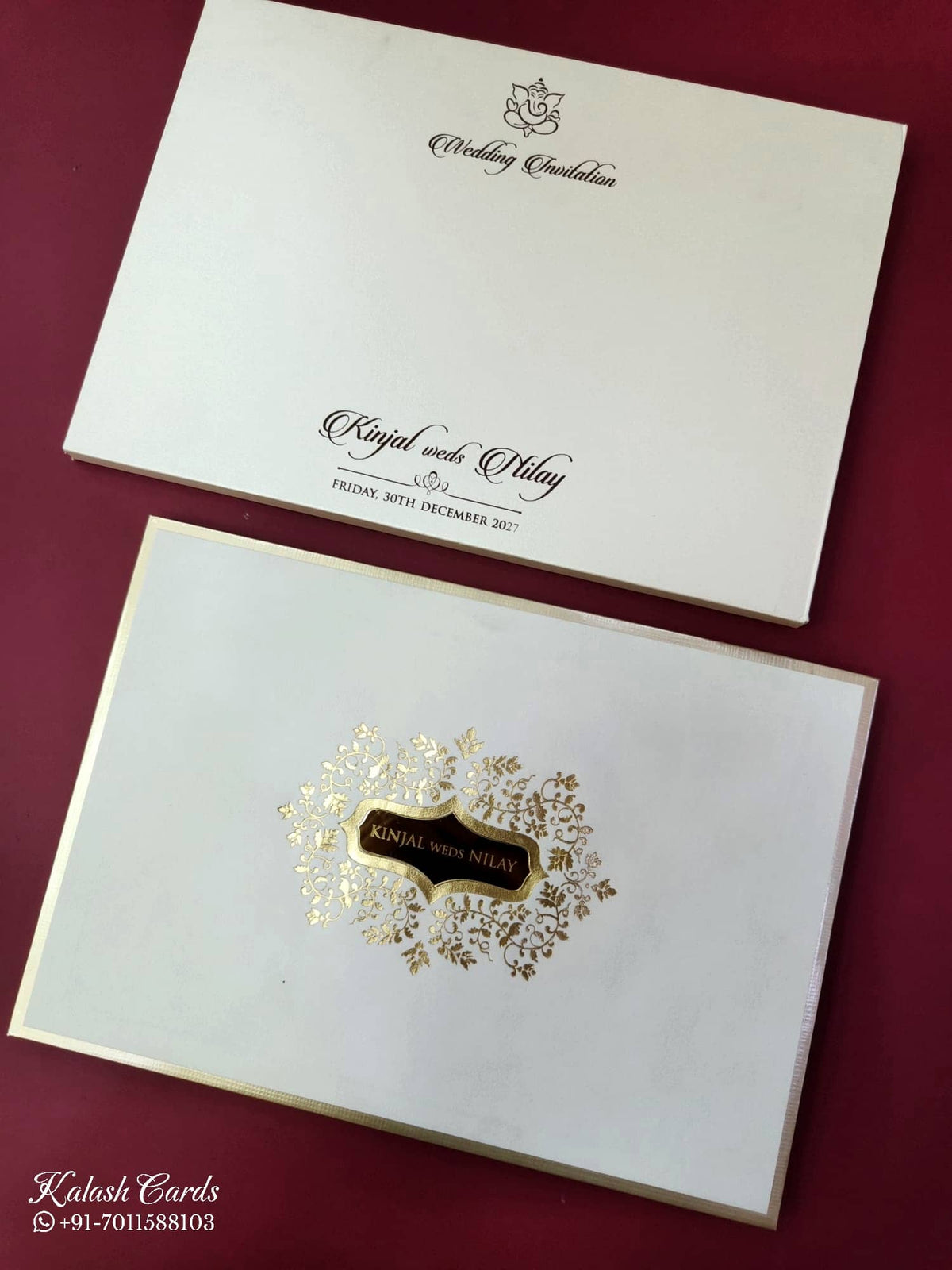 KLB853 White Golden Color Velvet Hardboard Padding Thick Wedding Card (2 Page & Couple Name Acrylic)