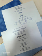 KLB857 Floral Design Blue Golden Color Velvet Double Door Style Hardboard Padding Thick Wedding Card (2 Page & Couple Name Acrylic)