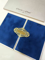 KLB858 Floral Design Royal Blue Color Velvet Double Door Style Hardboard Padding Thick Wedding Card (2 Page & Couple Name Acrylic)