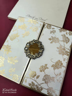 KLB859 Rose Floral Design White Golden Color Double Door Style Hardboard Padding Thick Wedding Card (2 Page & Couple Name Acrylic)