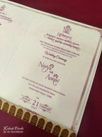 KLB865 Royal Fort Elephant Design Creme Color Semi Box Wedding Card (2 Page & Couple Name Wooden Plate)-Kalash Cards