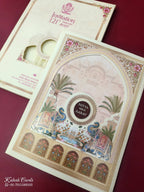 KLB865 Royal Fort Elephant Design Creme Color Semi Box Wedding Card (2 Page & Couple Name Wooden Plate)-Kalash Cards
