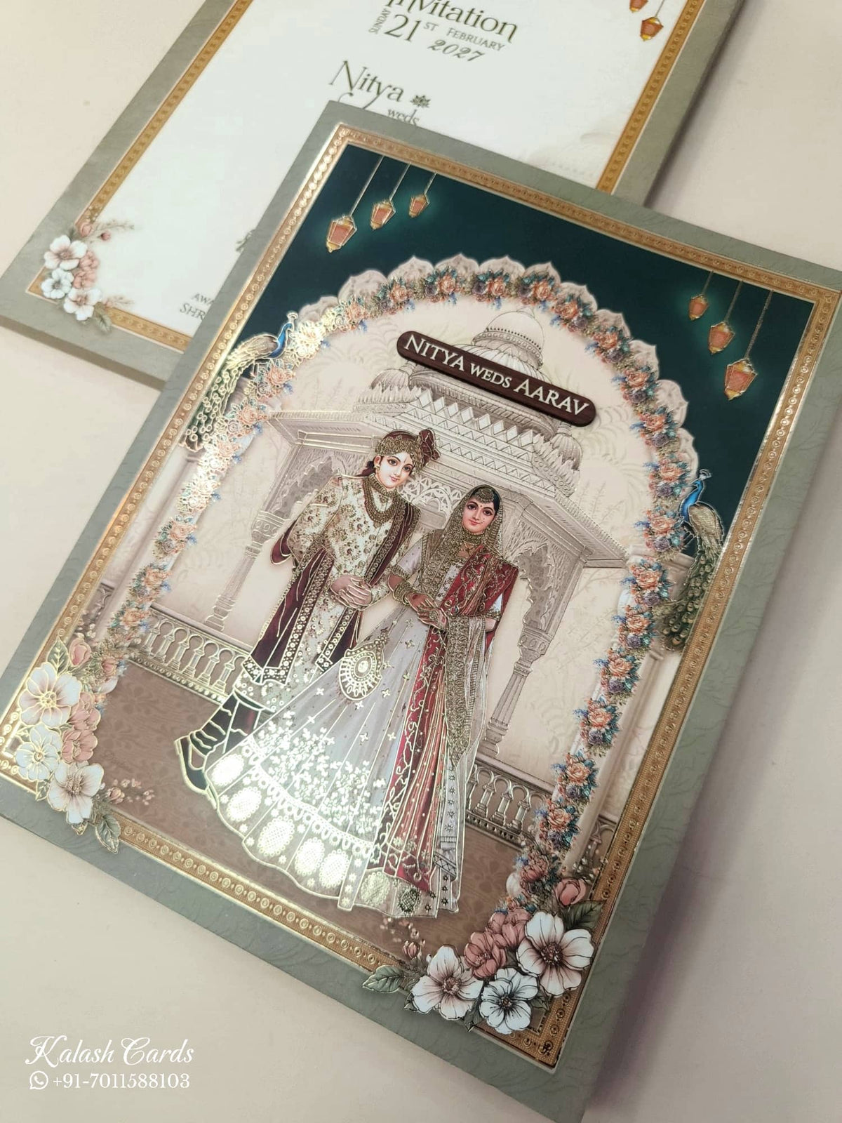 KLB868 Dulha Dulhan Mandap Design Blue Green Color Semi Box Wedding Card (2 Page & Couple Name Wooden Plate)-Kalash Cards