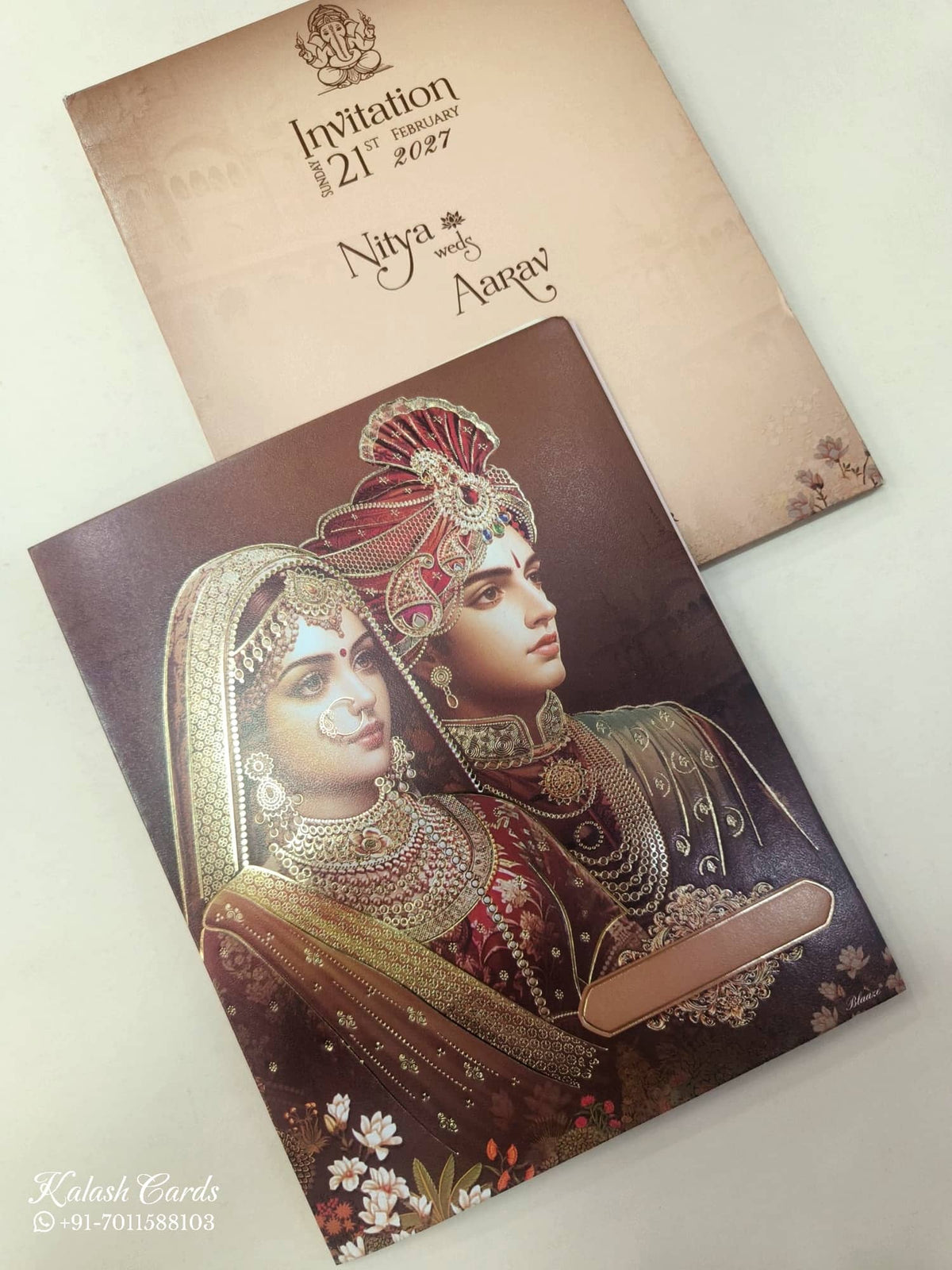 KLB873 Dulha Dulhan Design Brown Color Semi Box Wedding Card (2 Page)-Kalash Cards