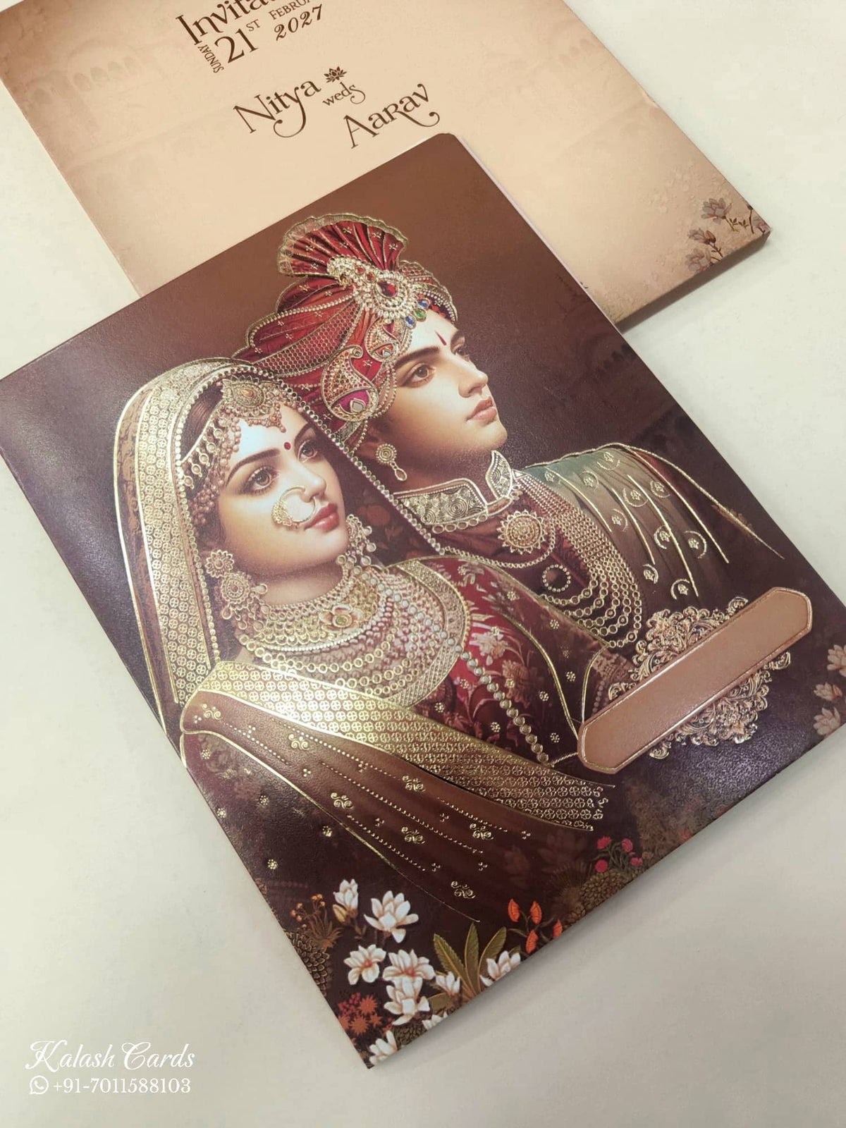 KLB873 Dulha Dulhan Design Brown Color Semi Box Wedding Card (2 Page)-Kalash Cards