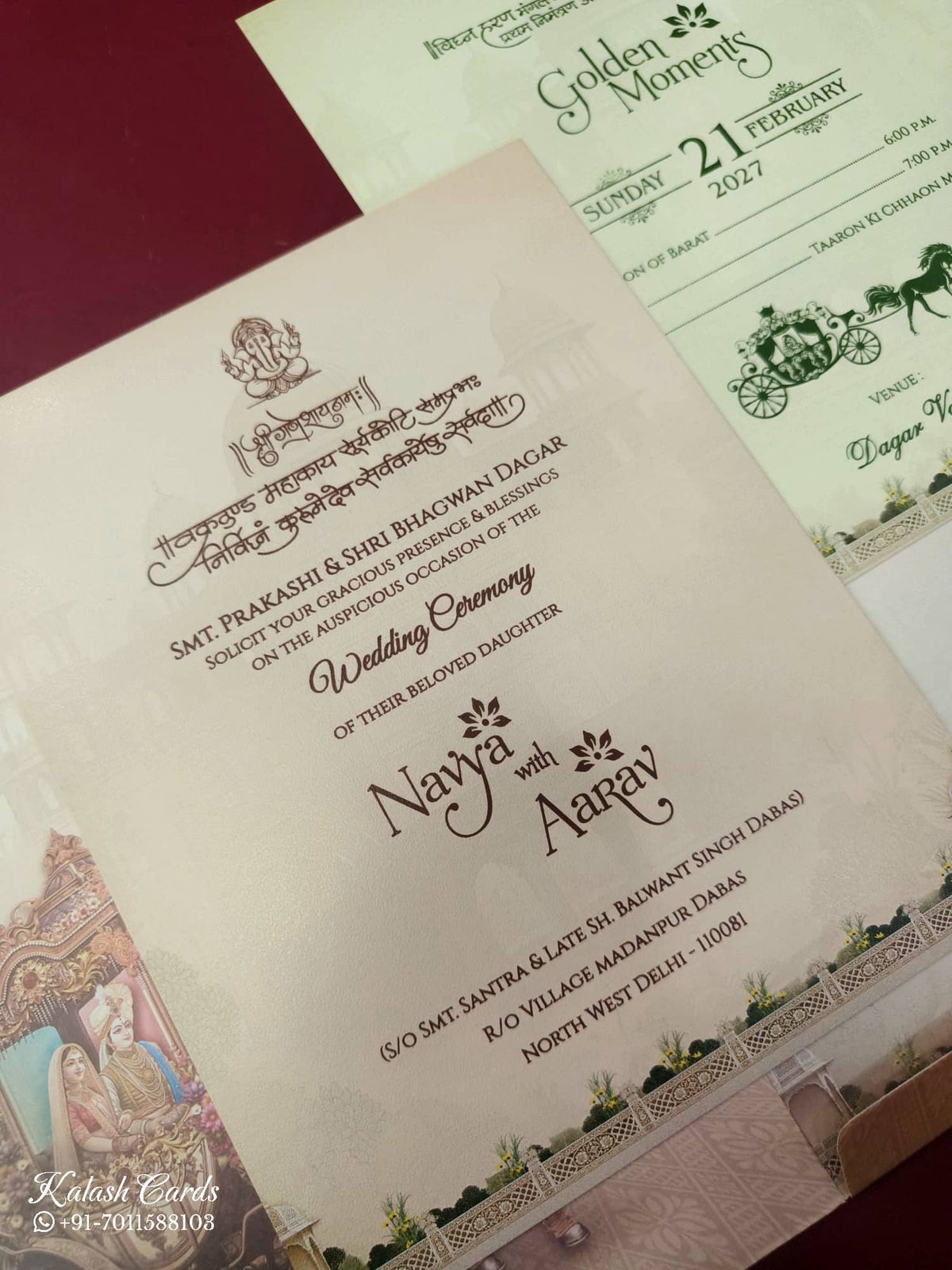 KLB874 Raja Rani Design Creme Maroon Color Semi Box Wedding Card (2 Page)-Kalash Cards