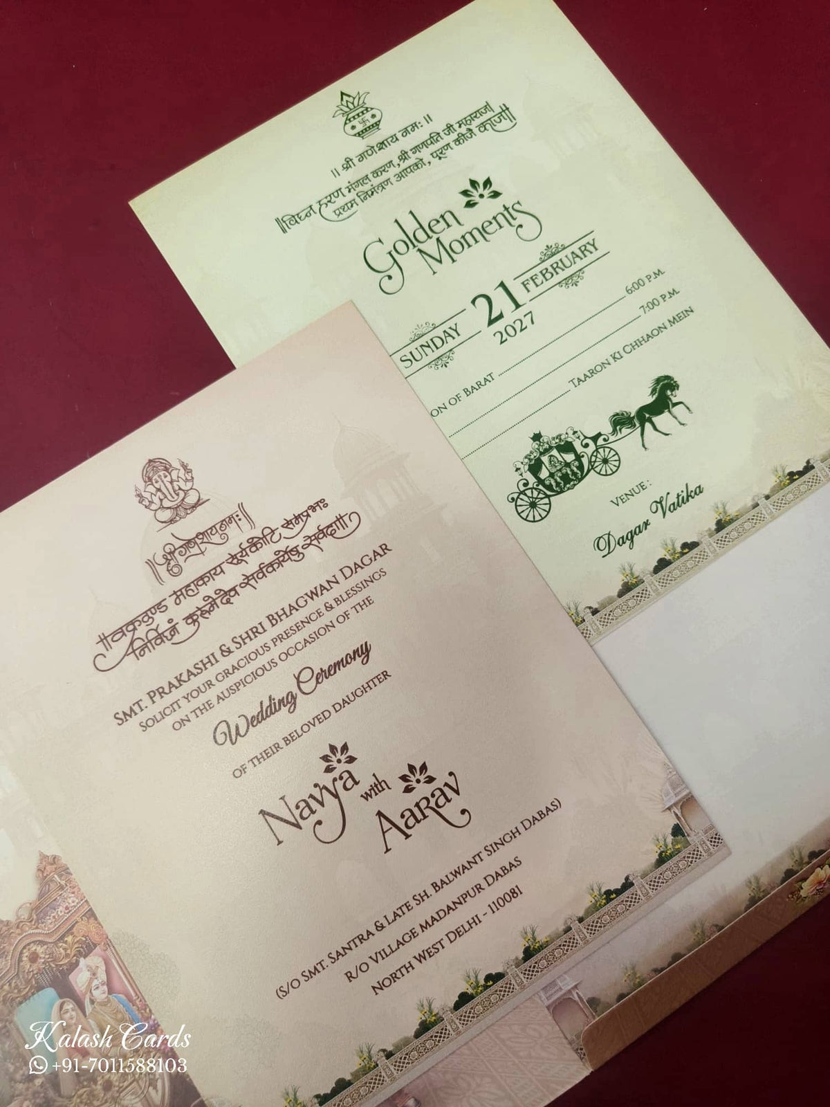 KLB874 Raja Rani Design Creme Maroon Color Semi Box Wedding Card (2 Page)-Kalash Cards