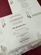 KLB876 Dulha Dulhan Design Creme Color Premium 3D Gold Foil Wedding Card (2 Page & Couple Name Wooden Plate)-Kalash Cards