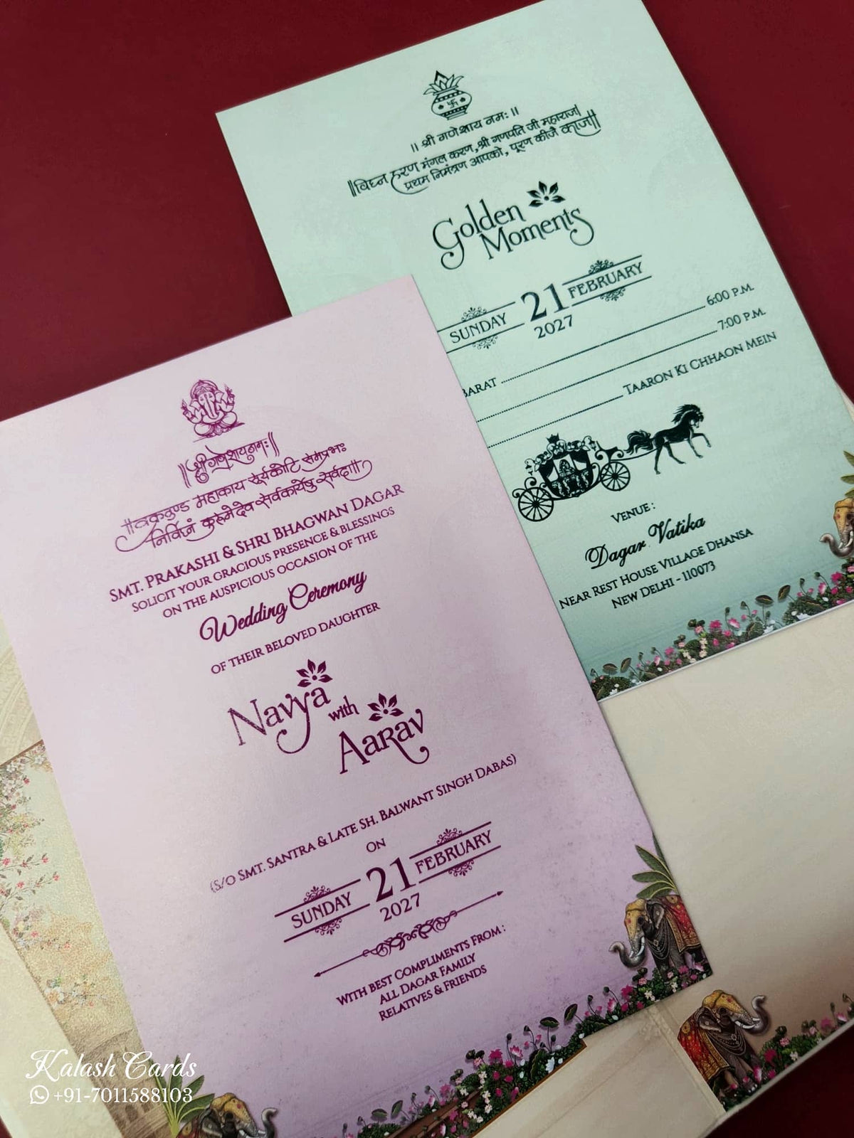 KLB881 Royal Fort Elephant Design Creme Brown Color Hardboard Padding Thick Wedding Card (2 Page & Couple Name Wooden Plate)-Kalash Cards