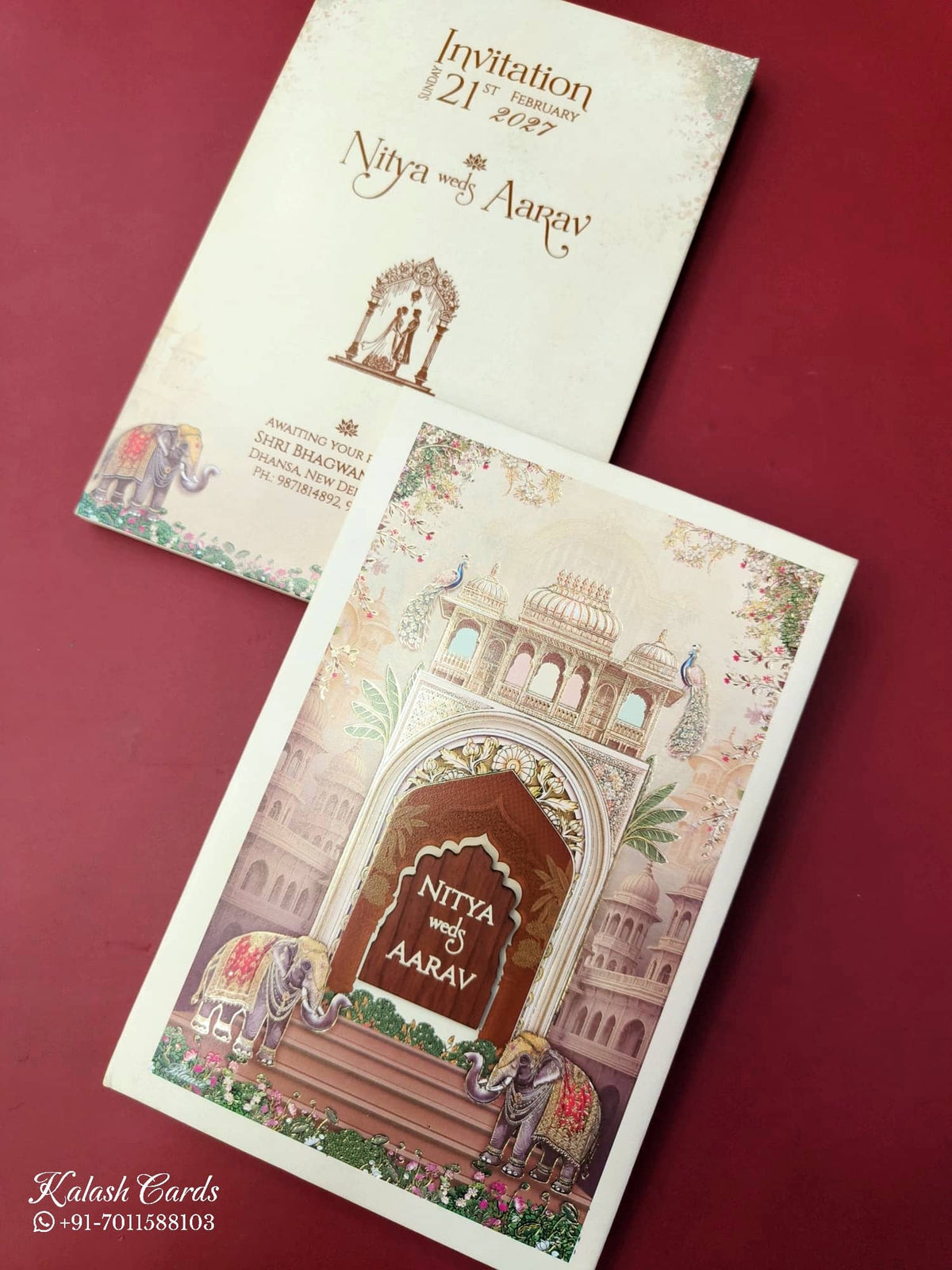 KLB881 Royal Fort Elephant Design Creme Brown Color Hardboard Padding Thick Wedding Card (2 Page & Couple Name Wooden Plate)-Kalash Cards