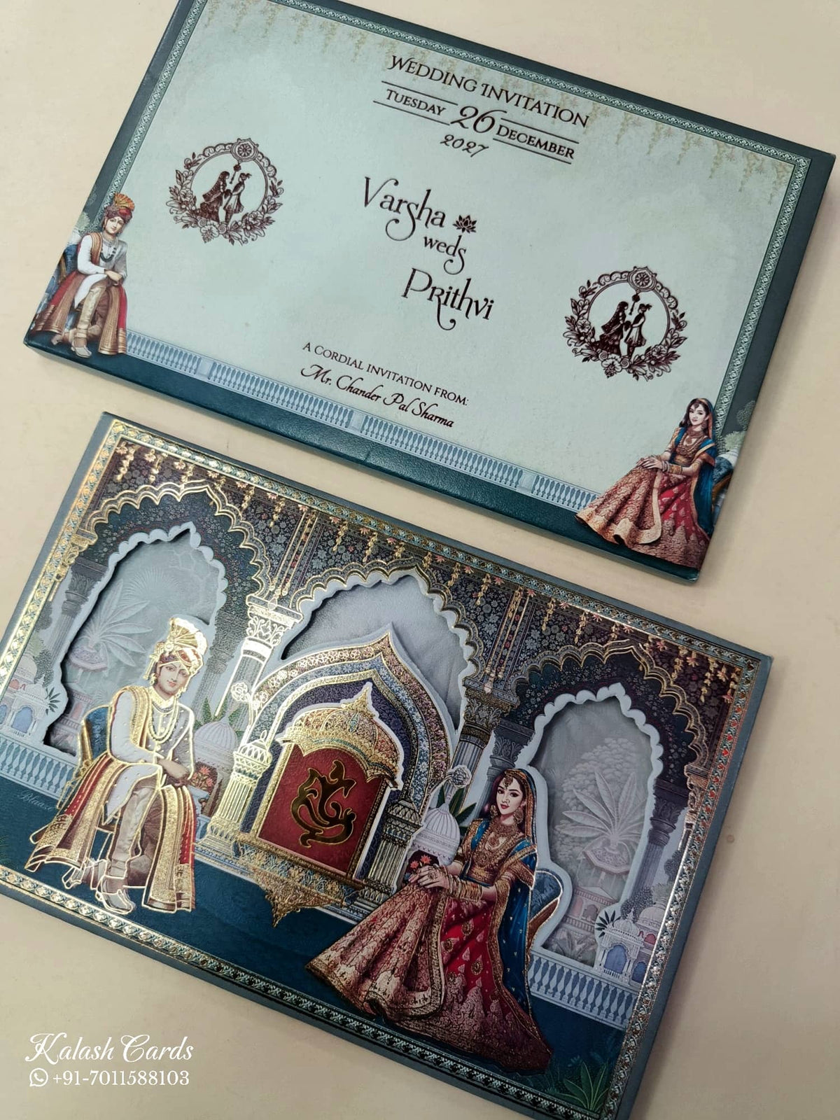 KLB882 Dulha Dulhan Design Blue Color Laser Cut Hardboard Padding Thick Wedding Card (2 Page)-Kalash Cards