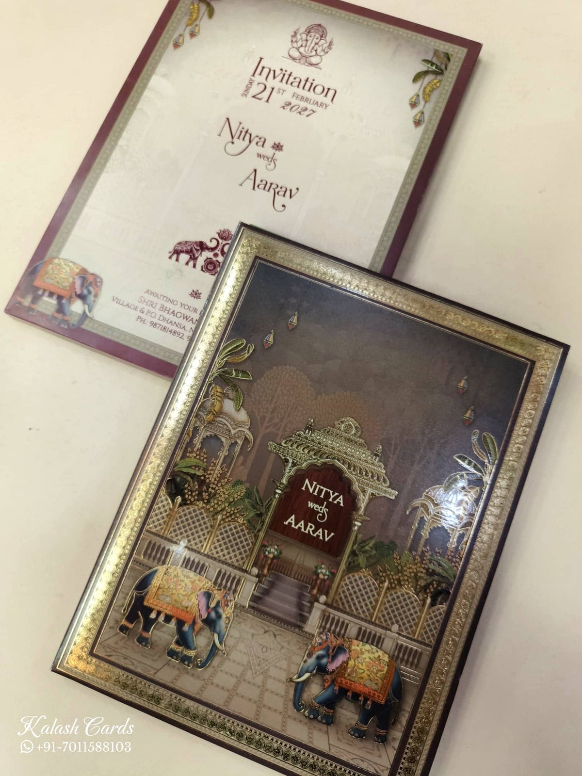 KLB887 Elephant Design Brown Color Hardboard Padding Thick Wedding Card (2 Page & Couple Name Wooden Plate)-Kalash Cards