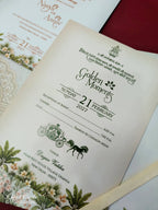 KLB889 Elephant Design Blue Green Color Premium 3D Gold Foil Hardboard Padding Thick Wedding Card (2 Page & Couple Name Wooden Plate)-Kalash Cards
