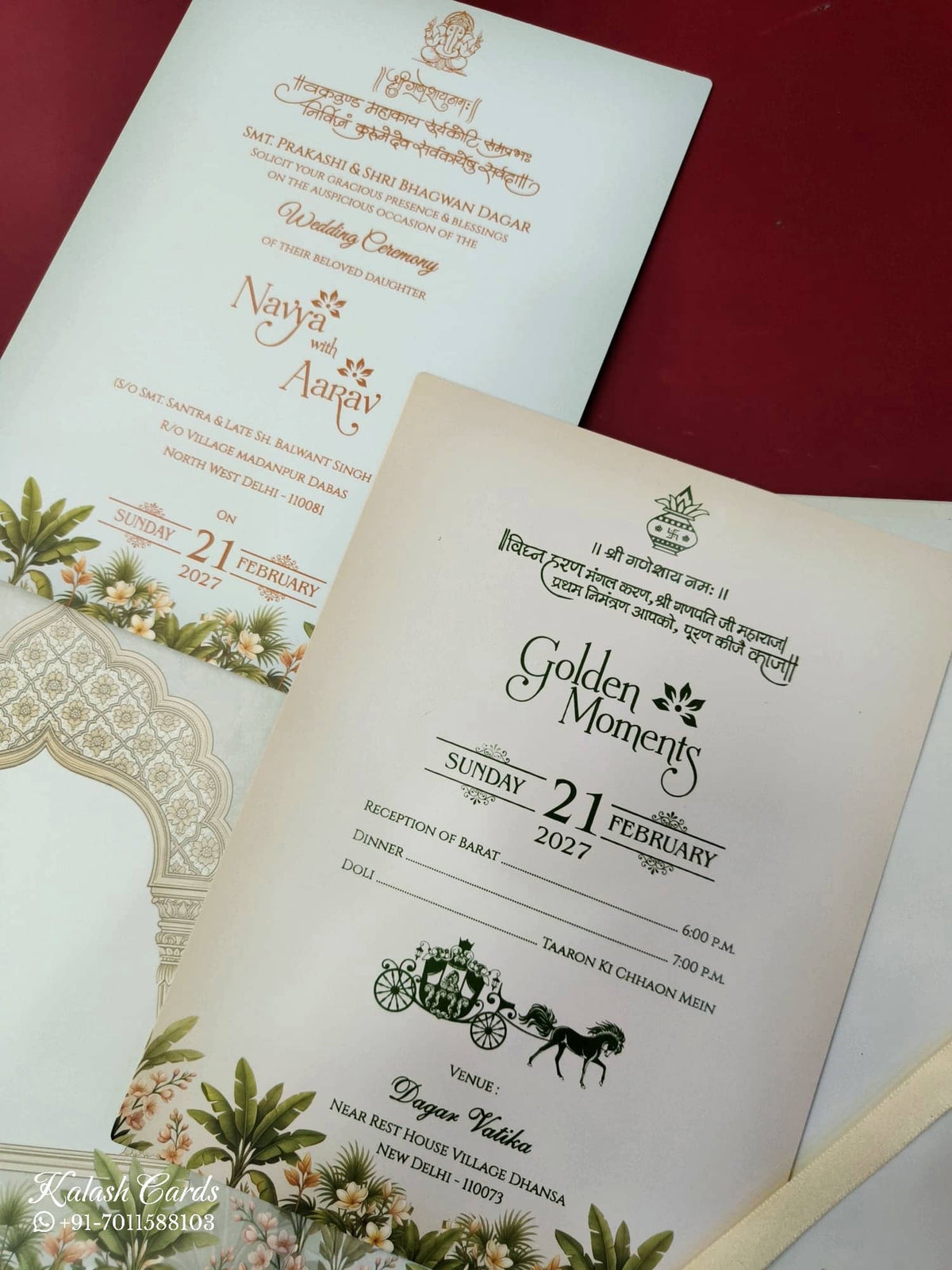 KLB889 Elephant Design Blue Green Color Premium 3D Gold Foil Hardboard Padding Thick Wedding Card (2 Page & Couple Name Wooden Plate)-Kalash Cards