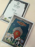 KLB889 Elephant Design Blue Green Color Premium 3D Gold Foil Hardboard Padding Thick Wedding Card (2 Page & Couple Name Wooden Plate)-Kalash Cards