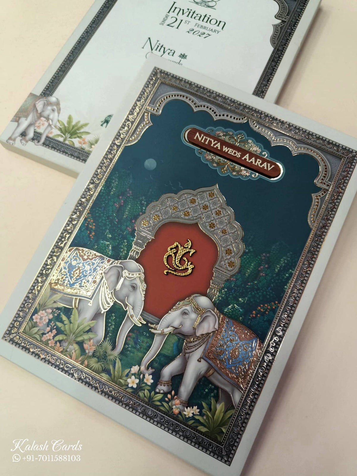 KLB889 Elephant Design Blue Green Color Premium 3D Gold Foil Hardboard Padding Thick Wedding Card (2 Page & Couple Name Wooden Plate)-Kalash Cards