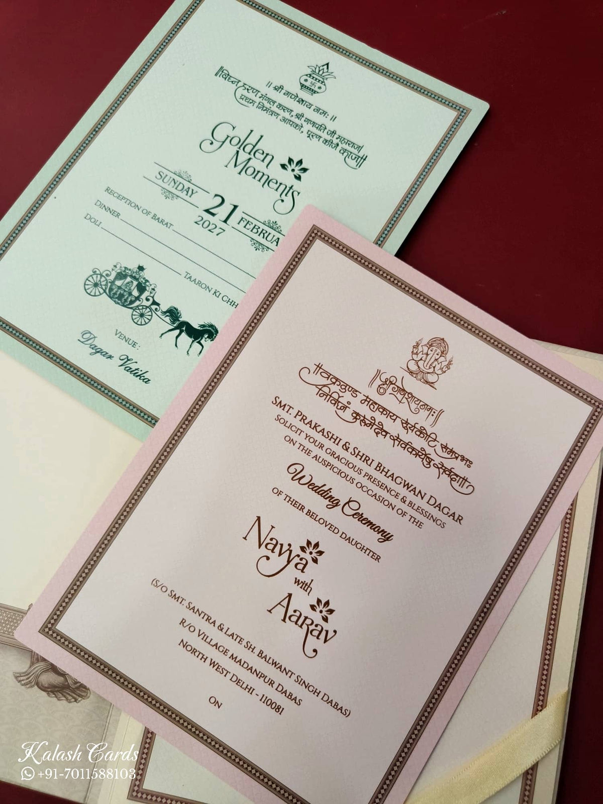 KLB890 Raja Rani Design Creme Color Premium 3D Gold Foil Hardboard Padding Thick Wedding Card (2 Page & Couple Name Wooden Plate)-Kalash Cards