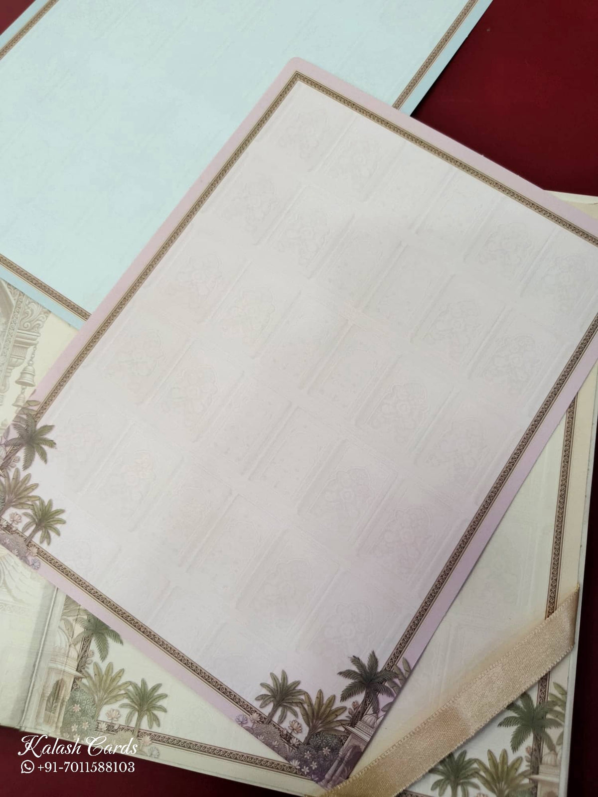 KLB891 Dulha Dulhan Design Creme Brown Color Premium 3D Gold Foil Hardboard Padding Thick Wedding Card (2 Page & Couple Name Wooden Plate)-Kalash Cards